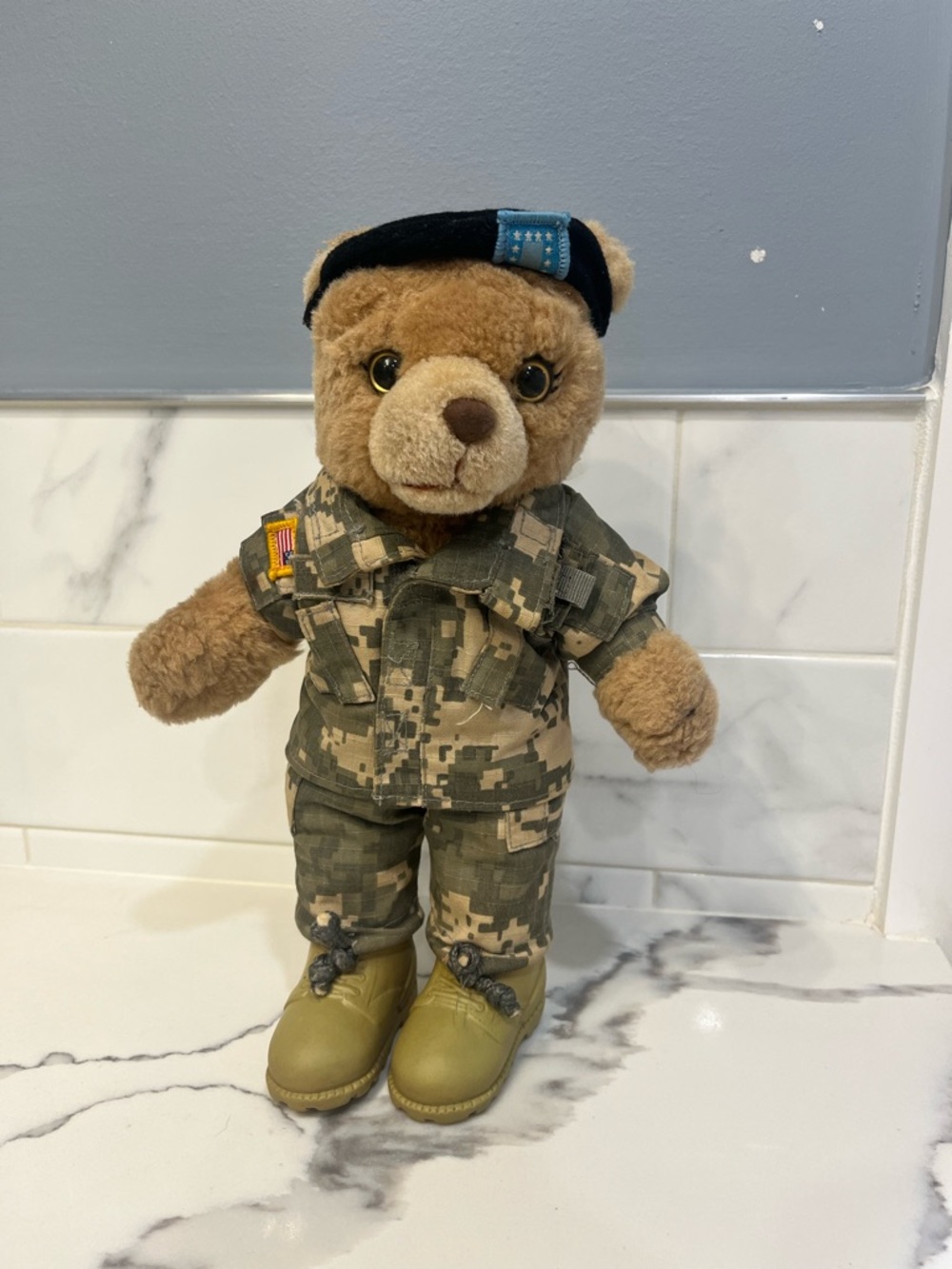 Vintage 1989, 11 inch Bear Forces of America US Army Plush Bear. Tiny Stains
